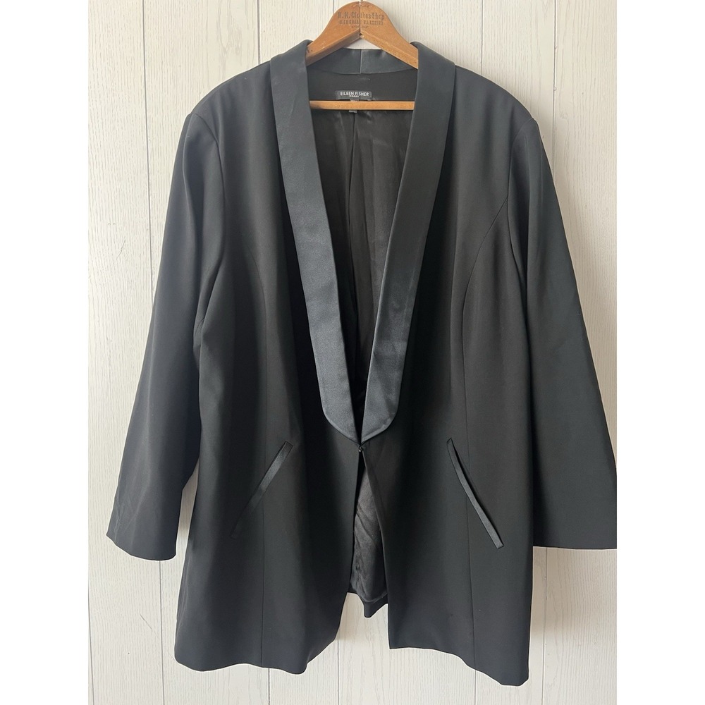 Eileen Fisher Silk Wool Blazer Tuxedo Jacket Black 3X Plus Size Designer Rare